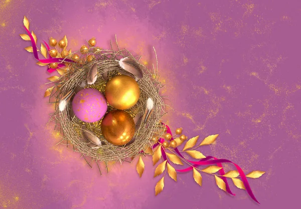 Easter festive elegant background, golden and colored eggs lie in a twisted nest, ribbon curls, stylized branches with leaves, feather, mixed media, place for text, 3D rendering