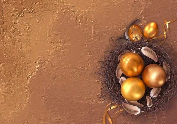 Páscoa Fundo Elegante Festivo Ovos Dourados Coloridos Jazem Ninho Torcido — Fotografia de Stock