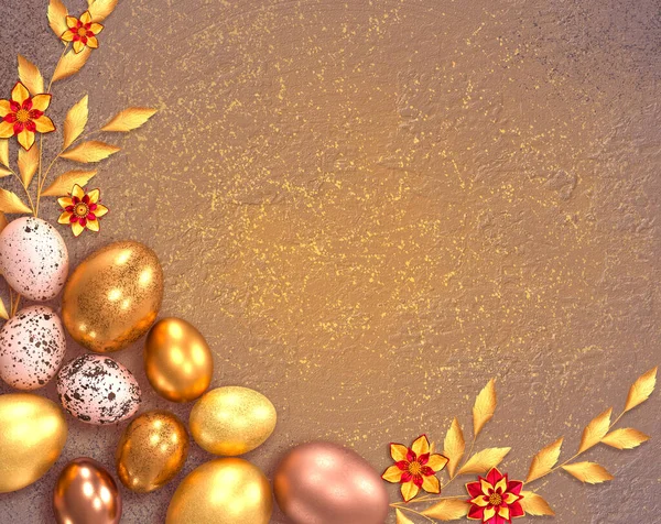 Easter festive elegant background, painted golden eggs, quail, decorated shiny branches, leaves, stylized flowers, mixed media, place for text, 3D rendering