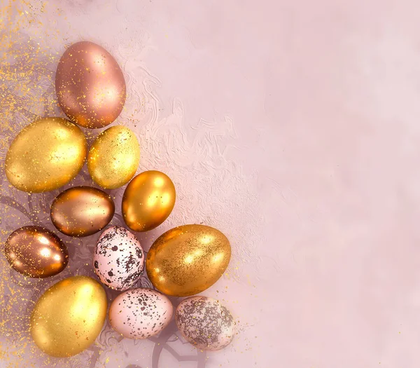 Easter festive elegant background, painted golden eggs, quail, mixed media, place for text, 3D rendering