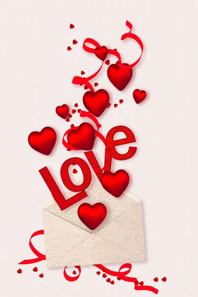 Valentine Day Romantic Decoration Background Mail Envelope Red Hearts Ribbon — 스톡 사진