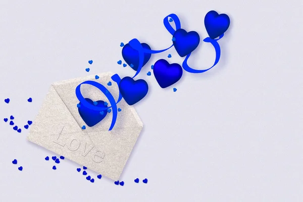 Valentine Day Romantic Decoration Background Mail Envelope Blue Hearts Ribbon — Stock Photo, Image