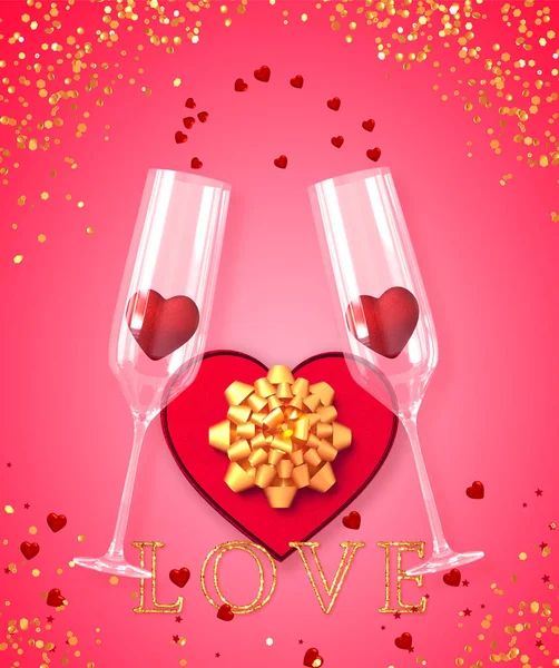 Walentynki Romantyczne Tło Dekoracji Kieliszki Szampana Czerwone Serce Świecidełka Pudełko — Zdjęcie stockowe