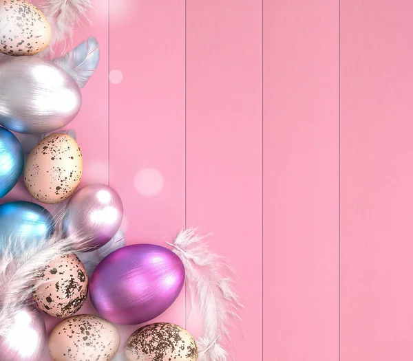 Easter festive elegant background, a lot of colored eggs on a wooden background, silver glitter paints, glitter, quail small eggs, mixed media, place for text, 3D rendering