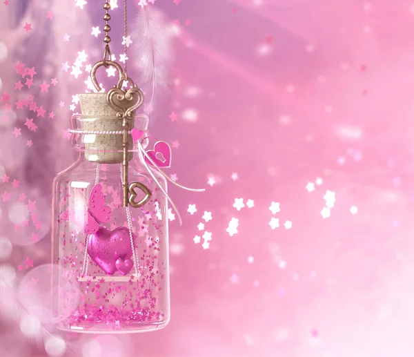 Día San Valentín Fondo Decoración Romántica Farmacia Pequeña Botella Magia — Foto de Stock