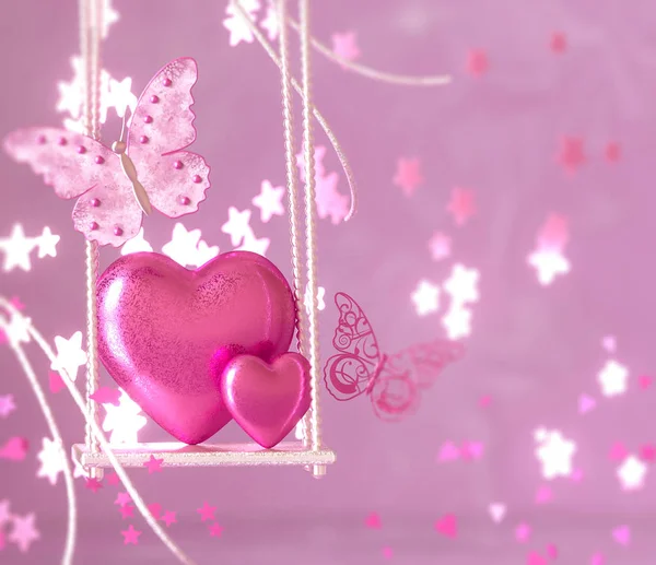 Valentijnsdag Romantische Decoratie Achtergrond Magie Hart Vlinder Schommel Slot Tinsel — Stockfoto