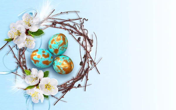 Easter festive elegant background, painted golden patel, blue turquoise eggs in a twisted nest, a branch of a blossoming white apple tree, feathers, place for text, 3D rendering