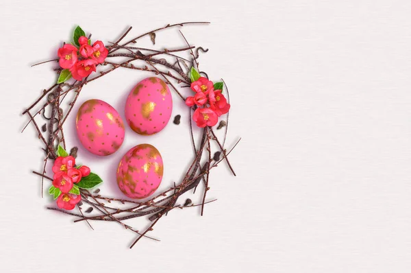 Easter Festive Elegant Background Pink Eggs Painted Golden Patel Twisted — Stock Photo, Image