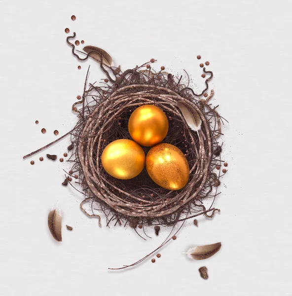 Páscoa Festiva Fundo Elegante Ovos Dourados Mentira Ninho Torcido Pena — Fotografia de Stock