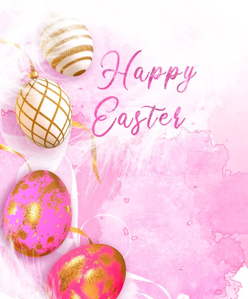 Easter Festive Elegant Background Decorative Eggs Painted Gold Pattern Feathers — Stock Photo, Image