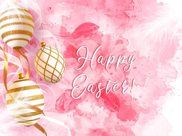 Easter Festive Elegant Background Decorative Eggs Painted Gold Pattern Feathers — Stock Photo, Image