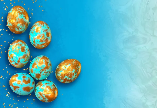 Easter festive elegant background, blue, turquoise, gold paint, patel, colored eggs, mixed media, place for text, 3D rendering