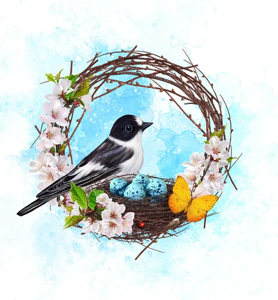 Pták Sedí Blízkosti Hnízda Vejci Jarní Květiny Třešňové Květy Sakura — Stock fotografie