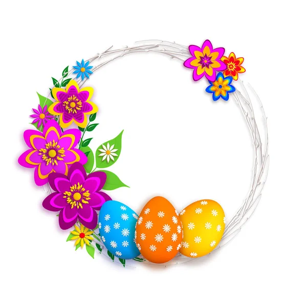 Easter festive elegant background, Decorative weaving from branches a wreath, multi-colored painted eggs, stylized paper flowers, 3D rendering