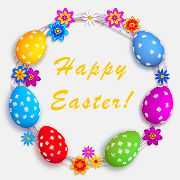 Easter festive elegant background, Decorative weaving from branches a wreath, multi-colored painted eggs, stylized paper flowers, 3D rendering