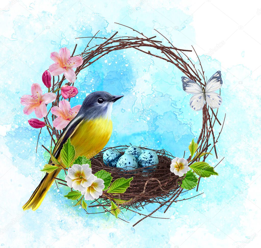 small yellow bird sits near a holy nest with blue eggs, weaving from branches, a blossoming apple tree, a beautiful butterfly, spring flowers, Easter background