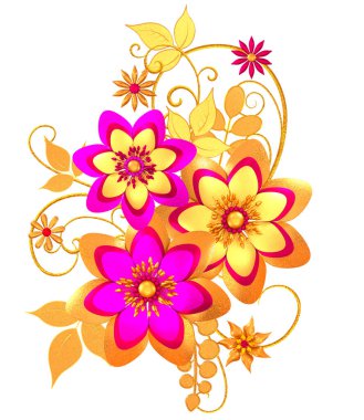 Floral arrangement, stylized golden leaves and flowers, shiny berries, delicate curls, geometric shape, paisley elements, isolated on a white background. 3d rendering clipart