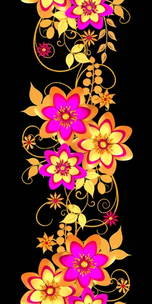 采购产品花的排列 风格的金叶和花 闪亮的浆果 精致的卷曲 几何形状 花序元素 无缝图案 3D渲染 — 图库照片