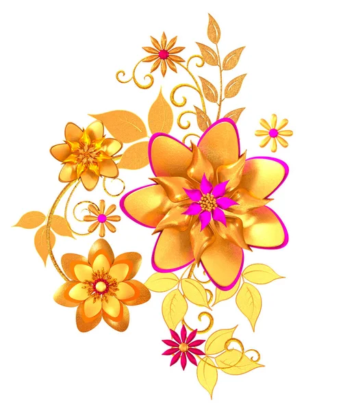 Arreglo Floral Hojas Flores Doradas Estilizadas Bayas Brillantes Rizos Delicados — Foto de Stock