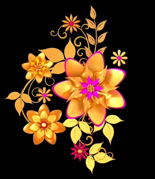 Virágos Elrendezése Stilizált Arany Levelek Virágok Fényes Bogyók Finom Fürtök — Stock Fotó