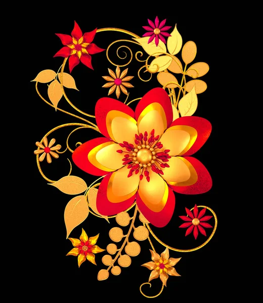 Kompozycja Kwiatowa Stylizowane Złote Liście Kwiaty Błyszczące Jagody Delikatne Loki — Zdjęcie stockowe