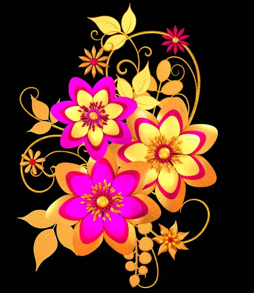 Arranjo Floral Folhas Flores Douradas Estilizadas Bagas Brilhantes Cachos Delicados — Fotografia de Stock