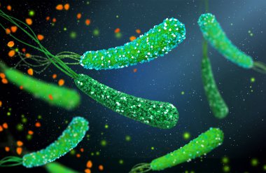Tehlikeli patojenik bakteriler Helicobacter pillori, mide enfeksiyonunun patojeni, tıbbi soyut arka plan, konsept, 3D görüntüleme
