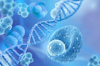 Tıbbi soyut arkaplan, bölme işlemi sırasında mikroskobik hücreler plazma, mavi palet, zincir, DNA kodu, 3D görüntüleme