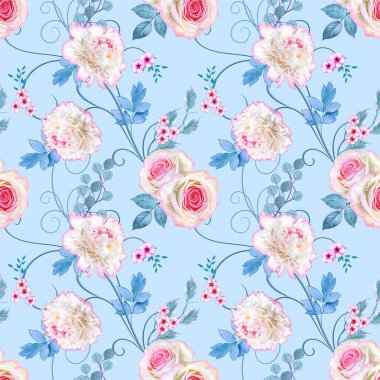 Kusursuz çiçek deseni, narin beyaz şakayıklar, pembe pastel güller, mavi yapraklar, bukleler..