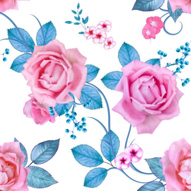 Delicate beautiful pink, lilac roses, blue pastel foliage, clusters of berries, flower arrangement, realism, seamless pattern clipart