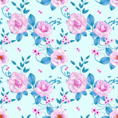 Zarif pembe, leylak güller, mavi pastel yapraklar, böğürtlen kümeleri, çiçek düzenleme, gerçekçilik, kusursuz desen.