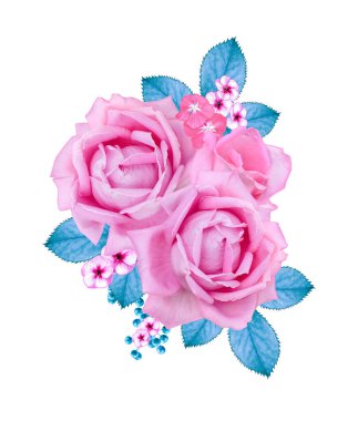 narin pembe, leylak güller, mavi pastel yapraklar, böğürtlen kümeleri, çiçek düzenlemeleri, gerçekçilik, beyaz arka planda izole edilmiş.