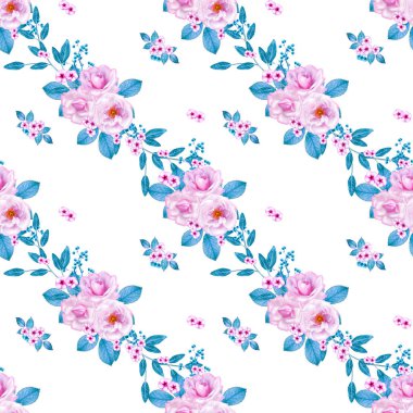 Zarif pembe, leylak güller, mavi pastel yapraklar, böğürtlen kümeleri, çiçek düzenleme, gerçekçilik, kusursuz desen.