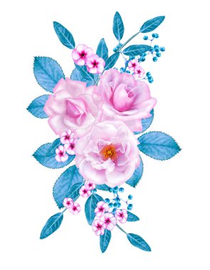 Delicate beautiful pink, lilac roses, blue pastel foliage, clusters of berries, flower arrangement, realism, isolated on white background clipart