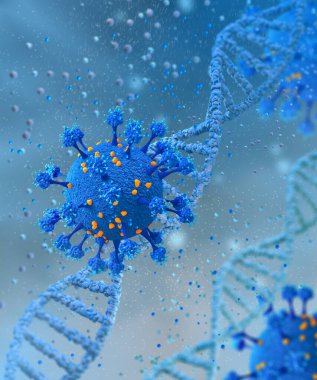 Coronavirus salgına, ciddi bir hastalığa, gribe, zatürreeye, sağlıklı hücrelere, mikroskop altında virüs hücrelerine, DNA zincirine ve 3 boyutlu görüntülemeye neden olan yeni bir virüs türüdür.
