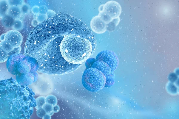 Tıbbi soyut arkaplan, bölme işlemi sırasında mikroskobik hücreler plazma, mavi palet, 3D görüntüleme