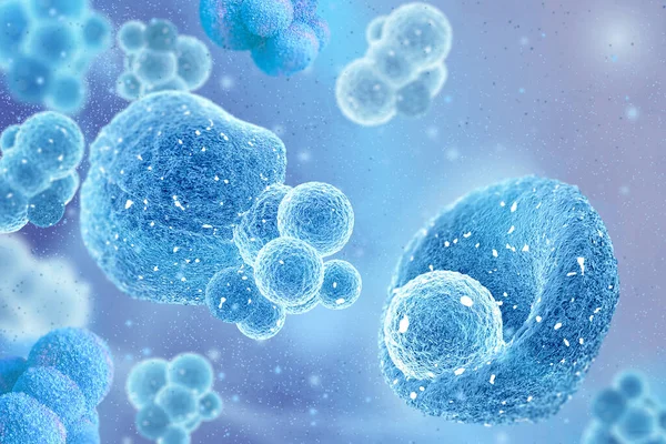 Medyczne Abstrakcyjne Tło Mikroskopijne Komórki Procesie Podziału Pływającego Osoczu Niebieska — Zdjęcie stockowe