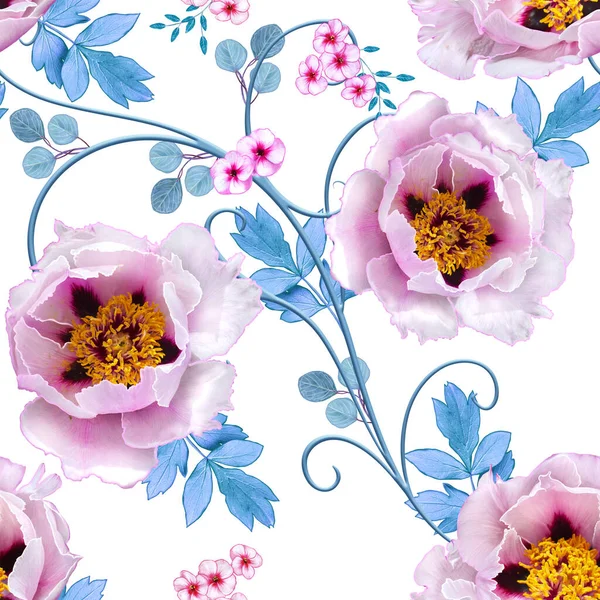Seamless Floral Pattern Delicate Terry Pink Tree Lilac Peonies Blue — Stock Photo, Image