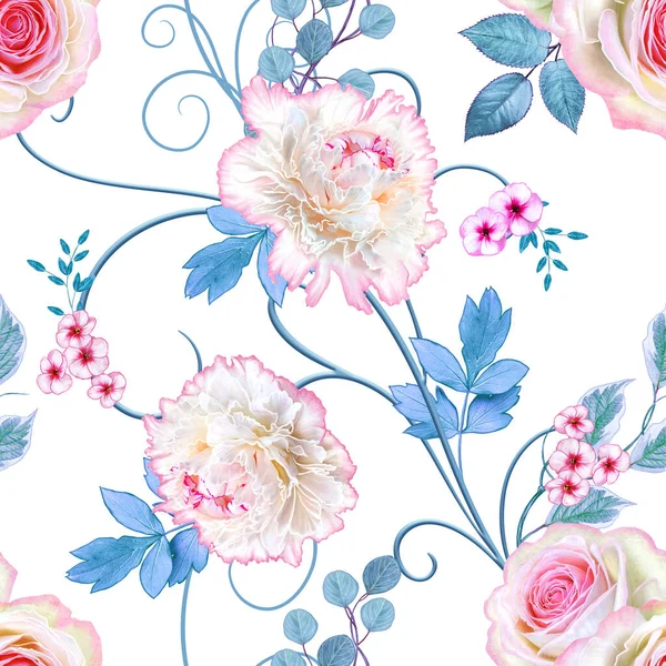 Нежный Цветочный Узор Нежные Махровые Белые Пионы Розовые Пастельные Розы — стоковое фото