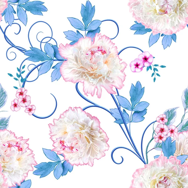 Płynny Wzór Delikatny Frotte Biały Różowe Piwonie Kwiaty Niebieskie Liście — Zdjęcie stockowe