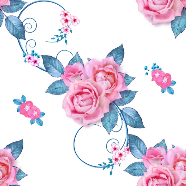 Delicado Hermoso Rosa Rosas Lila Follaje Pastel Azul Racimos Bayas —  Fotos de Stock