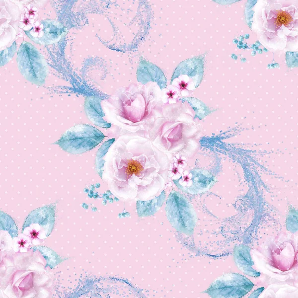 Нежный Красивый Розовый Сиреневые Розы Голубая Пастельная Листва Кластеры Ягод — стоковое фото