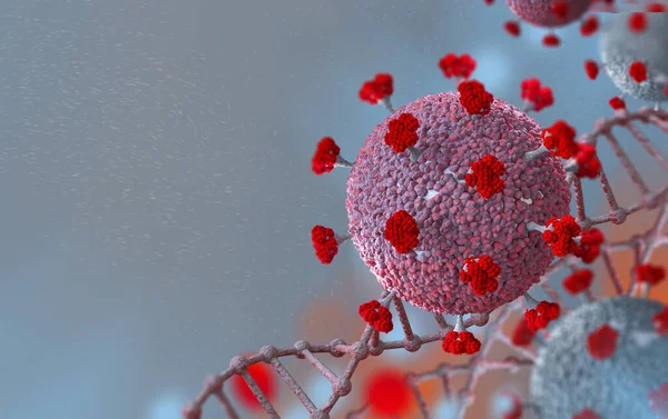 Coronavirus is a new type of virus that caused a pandemic, serious illness, flu, pneumonia, a danger to healthy cells, viral cells under a microscope, 3D rendering