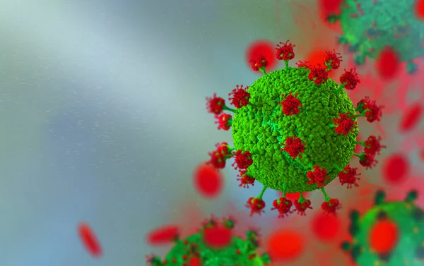 Coronavirus is a new type of virus that caused a pandemic, serious illness, flu, pneumonia, a danger to healthy cells, viral cells under a microscope, 3D rendering