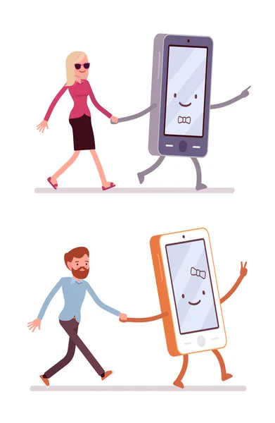 Satz von Mann und Frau zu Fuß mit smartphone — Stockvektor