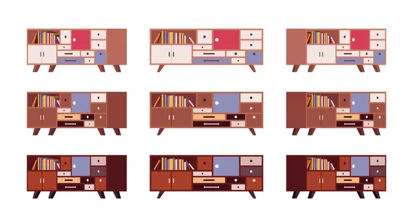 Set of retro sideboards with drawers and bookshelves — Stock Vector