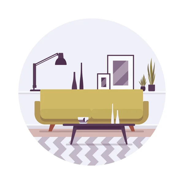 Retro interieur een sofa, lamp en foto 's — Stockvector