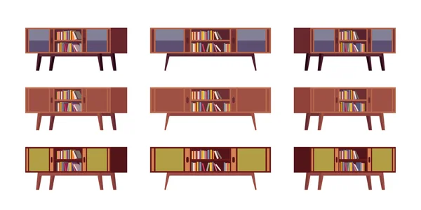 Set of retro credenzas with bookshelves — Stock Vector