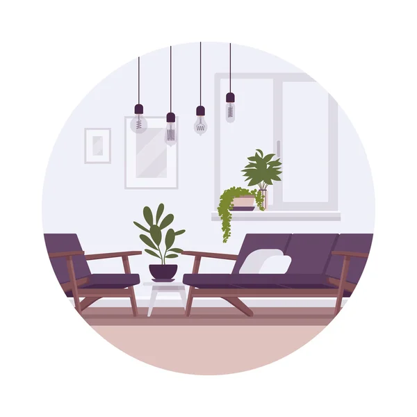 Interior retro com lâmpadas, sofá, poltrona, plantas —  Vetores de Stock