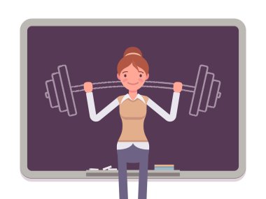 Yazı tahtası çizilmiş barbell ile karşı kadın